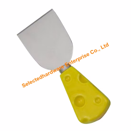 4 cuchillos de queso con mango de cerámica amarilla y hoja de acero inoxidable.